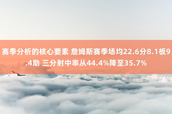 赛季分析的核心要素 詹姆斯赛季场均22.6分8.1板9.4助 三分射中率从44.4%降至35.7%